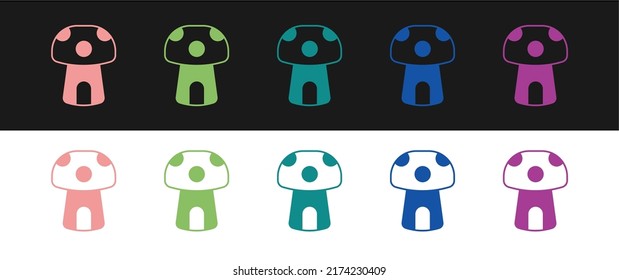 Set Fantasy mushroom house icon isolated on black and white background. Fairytale house.  Vector
