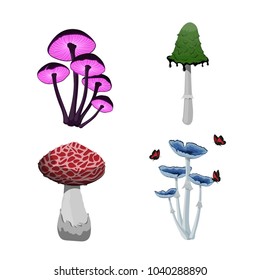 Set of fantasy mushroom icons. Game asset. Magic sprite object. Alchemy item. GUI elements. Vector illustration
