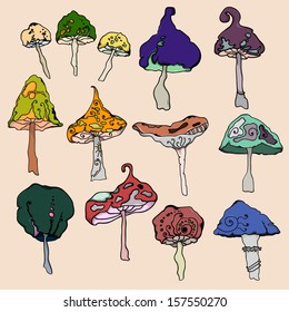 A set of fantasy mushrooms, isolated