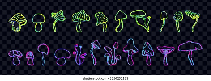 Set of fantasy mushrooms. Line art funny floral elements. Mushroom sketch collection in 1960s or 1970s style in neon green and purple. Vector groovy icons in children style, drawn by crayon pencil