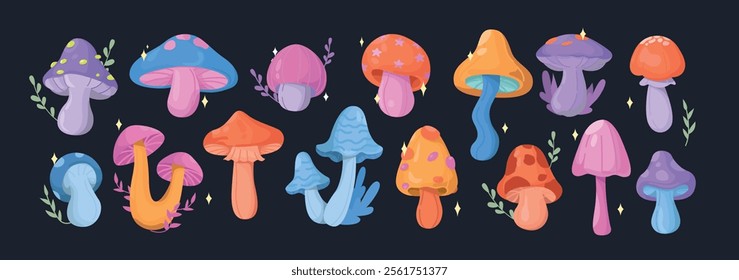 Set of fantasy mushrooms. Magic fairy fungi with green plants, twigs and stars in mystical forest. Design elements for game or print. Cartoon vector illustration collection isolated on background