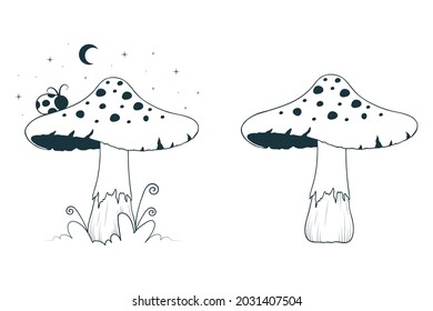 Set with Fantasy mushrooms, moon and leaves. Celestial fungi with stars and space.
