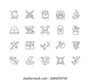 Set of Fantasy outline icons isolated on white background.