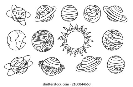 set of  fantasy planets in outline style on a white background.