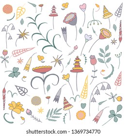 Set of fantasy plants: leaves, flowers and berries in vector in muted colors on white