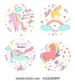 Set of fantasy postets with cute unicorns. Vector illustration for your design