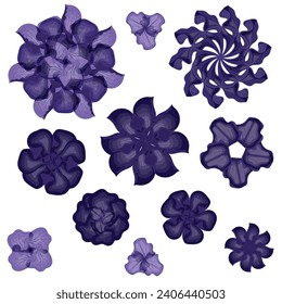 Montaje de flores púrpura de fantasía. Ilustración vectorial sobre fondo blanco.