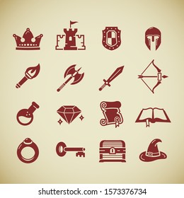 Set Of Fantasy Role Play PC Game Icons In Silhouette Style. Sword Battle Axe Shield Warrior Helmet Bow Castle Diamond Torch Potion Spell Book Scroll. Vector Stock Image.