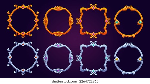 Set of fantasy round game frames isolated on background. Vector cartoon illustration of fancy medieval borders made of silver and gold, decorated with ornament and gems. Ui symbol of royal rank, level