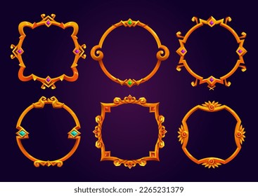 Set of fantasy round game frames isolated on background. Vector cartoon illustration of fancy medieval borders made of gold, decorated with ornament and gems. Ui symbol of royal rank, level