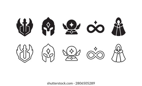 A set of fantasy RPG game icons featuring swords, helmets, crystal balls, infinity symbols, and cloaks, in black silhouette and linear outline styles, isolated on a white background.