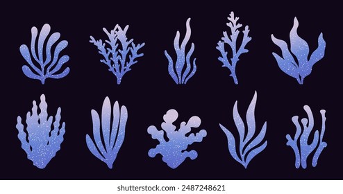 Set of fantasy seaweed illustrations with a gradient design. Cute algae and coral. Underwater elements. Perfect for marine-themed designs, scrapbooking, print.