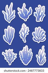 Set of fantasy seaweed stickers with a gradient design. Cute algae and coral. Underwater element. Perfect for marine-themed designs, scrapbooking, print.