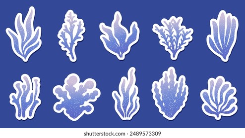 Set of fantasy seaweed stickers with a gradient design. Cute algae and coral. Underwater element. Perfect for marine-themed designs, scrapbooking, print.