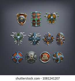 Set of fantasy shields armor for game. Vector illustration.