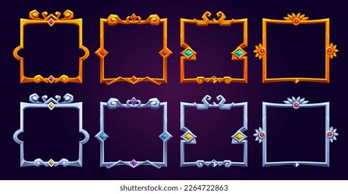 Set of fantasy square game frames isolated on background. Vector cartoon illustration of fancy medieval borders made of silver and gold, decorated with ornament and gems. Ui symbol of royal rank