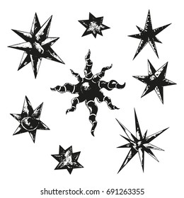 Set of fantasy stars.  Hand drawn vector illustration. Isolated on white background.   