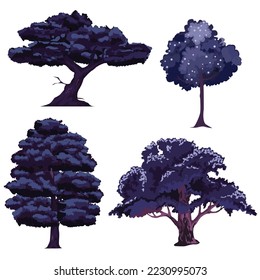 Set fantasy trees with blue leaves isolated on white background.vector cartoon illustration.