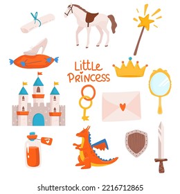 Set of fantasy unicorns and other items lock, crown dragon, key, potion sword, mirror, horse, magic wand