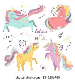 Set of fantasy unicorns. Vector illustration for your design