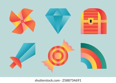 Set of fantasy vector icons featuring sword, treasure chest, diamond, candy, rainbow and windmill. Children's items.