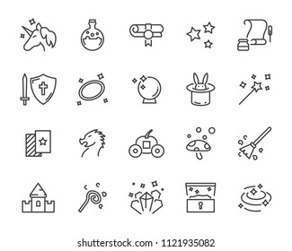 conjunto de iconos vectoriales de fantasía, como dragón, unicornio, tesoro y más