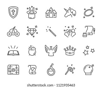 set of fantasy vector icons, such as dragon, unicorn, treasure and more