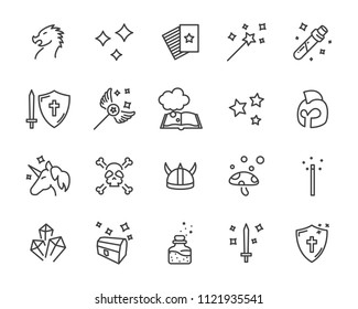 set of fantasy vector icons, such as dragon, unicorn, treasure and more