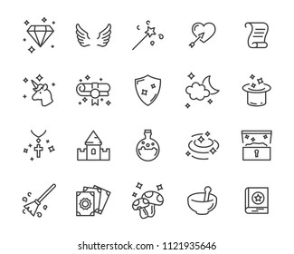set of fantasy vector icons, such as dragon, unicorn, treasure and more
