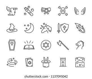 set of fantasy vector icons, such as dragon, unicorn, treasure and more