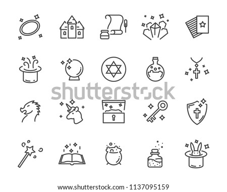set of fantasy vector icons, such as dragon, unicorn, treasure and more