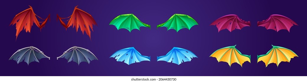 Set of fantasy wings of dragon, demon or bats myth or fable creatures. Different wing pairs, glowing, ragged colorful magic collection for rpg game characters, isolated Cartoon vector illustration