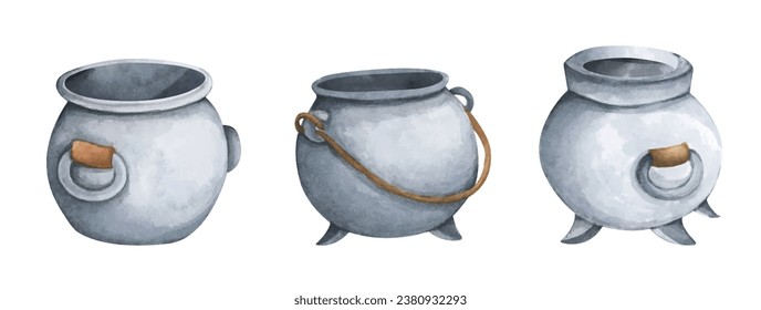 Set of Fantasy witch cauldron, Steel black cauldron. Watercolor illustration for Halloween. Use it for postcards, invitations, and scrapbooking.