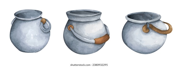 Set of Fantasy witch cauldron, Steel black cauldron. Watercolor illustration for Halloween. Use it for postcards, invitations, and scrapbooking.