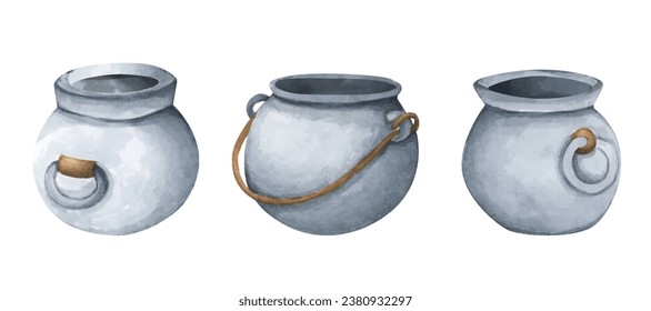 Set of Fantasy witch cauldron, Steel black cauldron. Watercolor illustration for Halloween. Use it for postcards, invitations, and scrapbooking.