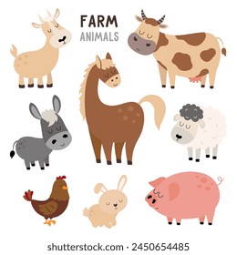 set of farm animal in cartoon style, flat vector illustration isolated on white background