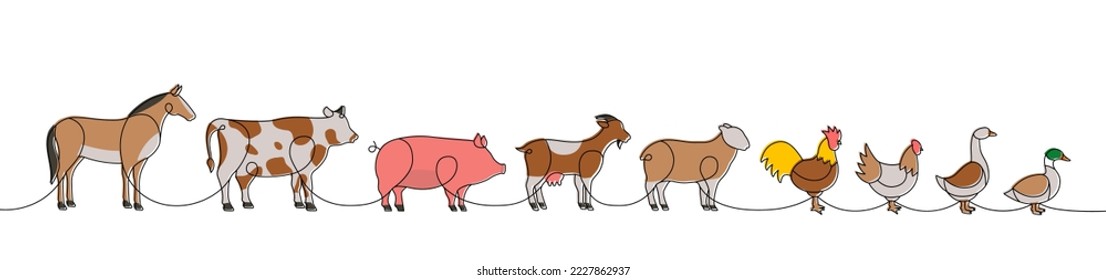 Set of Farm animal colored one line. Horse, Cow, Pig, Goat, Sheep, Chicken, Rooster, Duck, Goose silhouettes. Farm animals one line illustration.