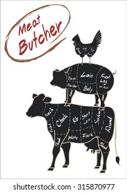 set farm animal cow pig chicken meat butcher drawing doodle with detail meat brush font vector illustration