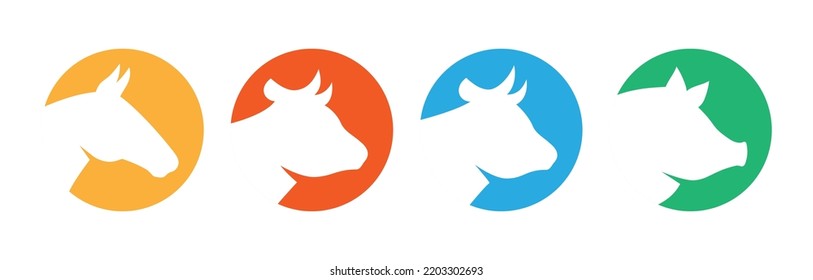 Set of farm animal head silhouettes. Pig, Horse, Cow, Bull head silhouettes. Vector illustration. Farm animal in colored circle icons