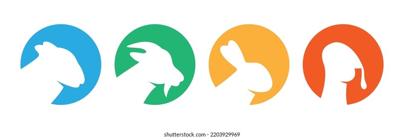 Set Of Farm Animal Head Silhouettes. Turkey, Goat, Sheep, Rabbit Head Silhouettes. Vector Illustration. Farm Animal In Colored Circle Icons