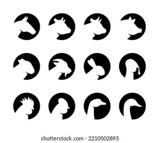 Set of farm animal head silhouettes. Pig, Horse, Turkey, Goat, Sheep, Chicken, Rooster, Duck, Rabbit, Goose, Cow head silhouettes. Farm animal icons