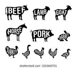 Set of farm animal silhouette with lettering. Pig, Horse, Turkey, Goat, Sheep, Chicken, Rooster, Duck, Rabbit, Goose, Cow silhouette. Farm animal icon