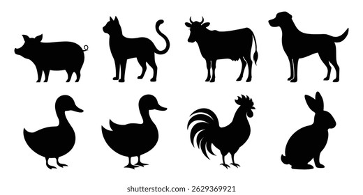 Set of farm animal silhouettes including pig, cow, dog, cat, duck, rooster, and rabbit. Vector illustration for design.
