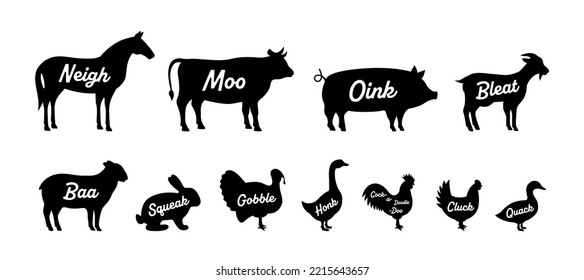 Set of farm animal silhouettes. Neigh, Moo, Oink, Bleat, Baa, Squeak, Gobble, Honk, Cock-a-doodle-doo, Cluck, Quack - animals voice lettering. svg