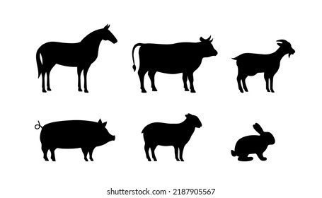 Set of Farm animal silhouettes. Pig, Horse, Goat, Sheep, Rabbit, Cow black silhouettes. Farm animals character icons set isolated on white background