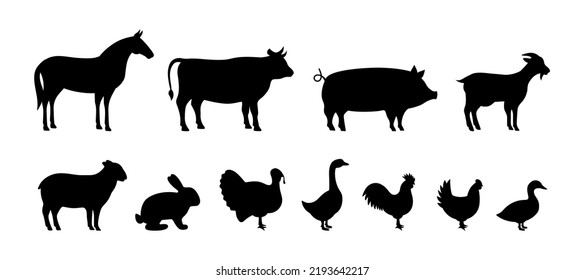 Set of Farm animal silhouettes. Pig, Horse, Turkey, Goat, Sheep, Chicken, Rooster, Duck, Rabbit, Goose, Cow black silhouettes. Farm animals icons set