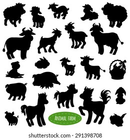 Set of farm animal silhouettes (pig, cow, horse, goat, sheep, rabbit)