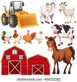 Set of farm animals and barns illustration