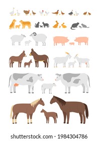 Set Of Farm Animals And Birds. Chickens, Geese, Turkeys, Dogs, Cats, Goats, Sheep, Pigs, Donkeys, Cows, Horses. Family Mom Dad And Cubs