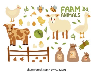 Set of farm animals and birds - goose, chicken, cow, lamb, chickens and bags of food. Vector illustration. Eco-style elements for packaging and textile design, children's games, scrapbooking